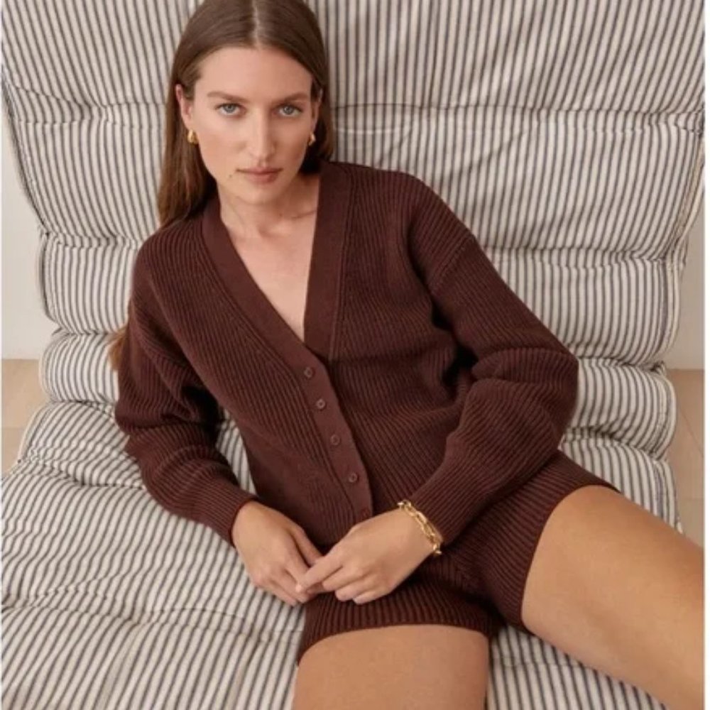 Reformation Brown Ribbed Knit Cotton Cardigan